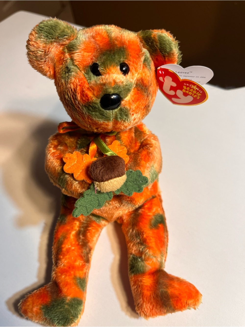 Ty Beanie Baby “ Leaves” September 23, 2006- Autumn Acorn Beanie Bear Plush